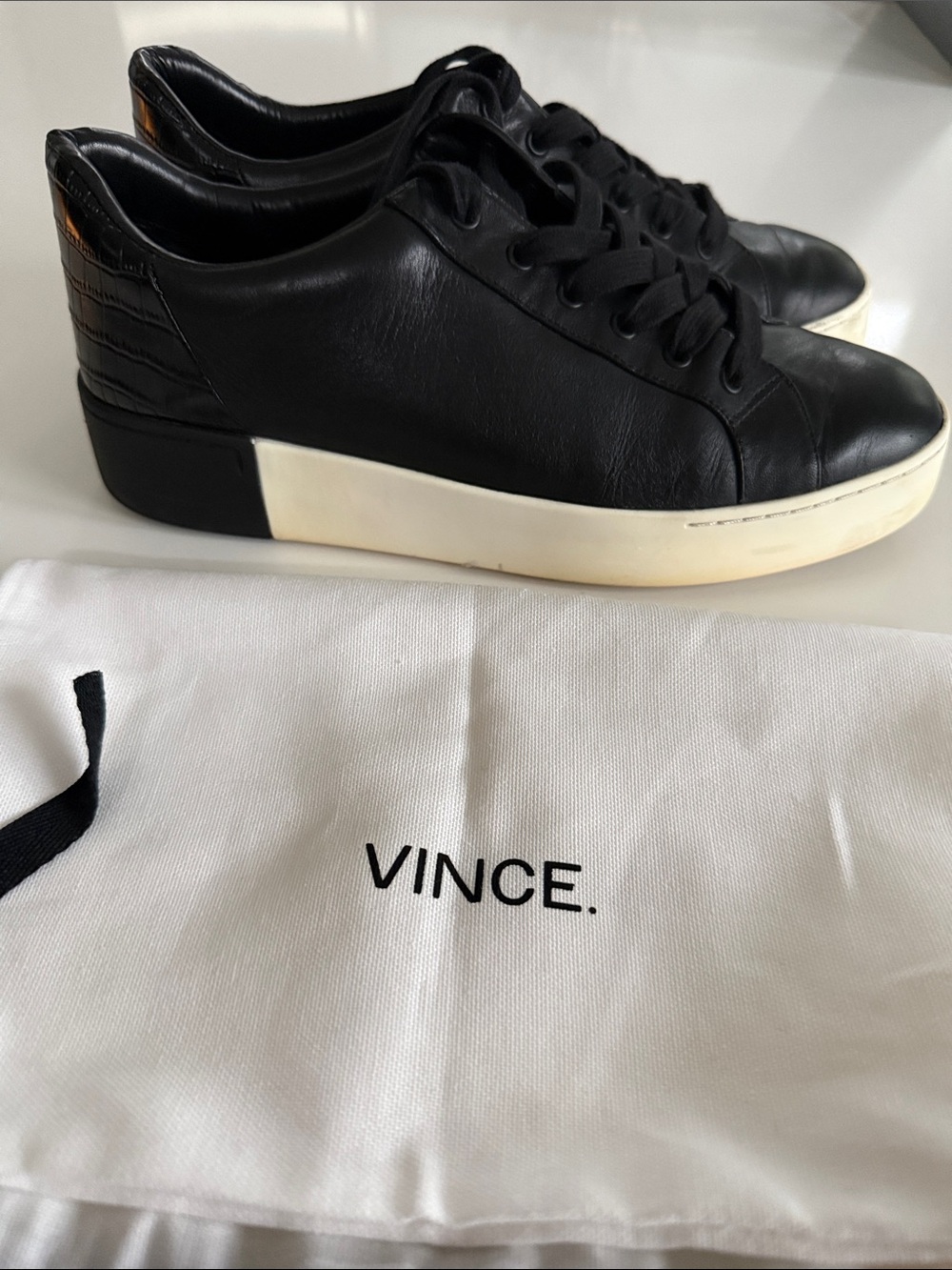 Vince Black Leather Low-Top Sneakers with Cream Soles 9.5 US